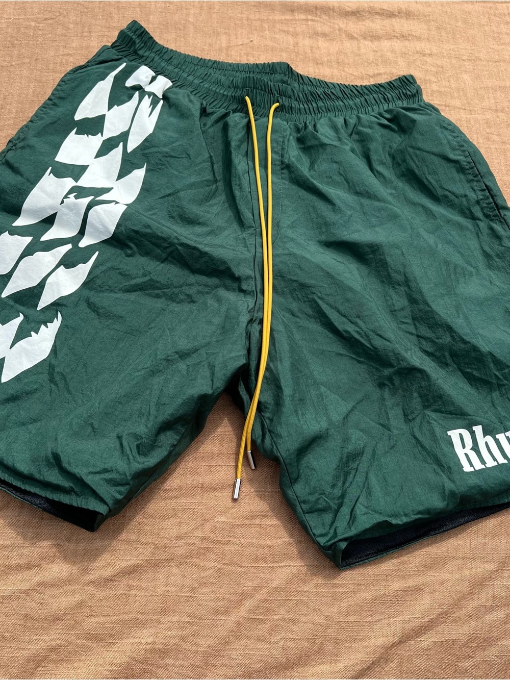 Rhude Green Athletic Track Warm Up  Shorts with Yellow Drawstring Streetwear
